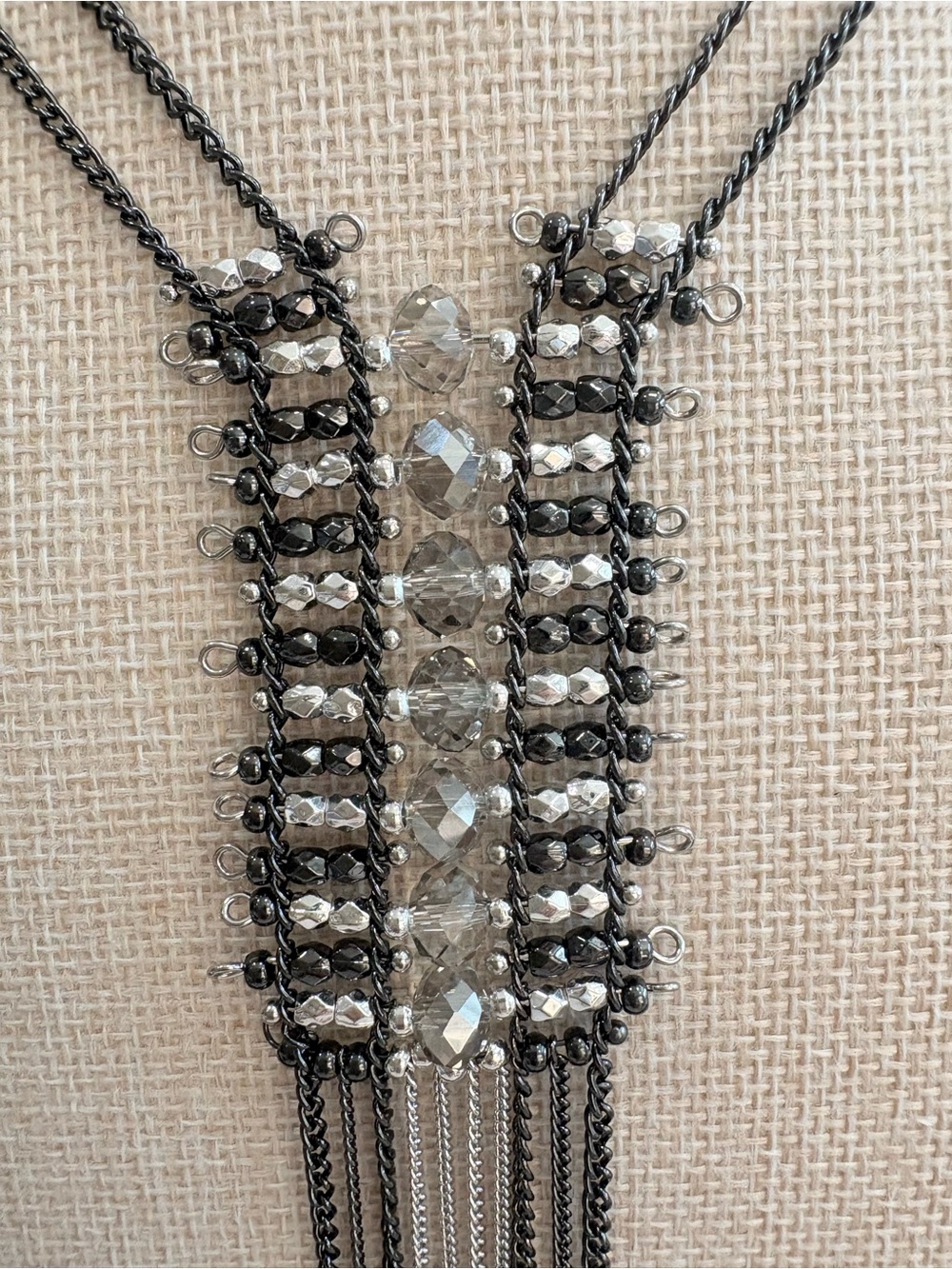 Crystal Tassel Statement Necklace in Silver and Gunmetal - Picture 2 of 2